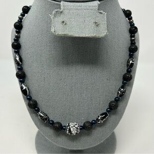 Classic Black Lava Rock Beaded Necklace with Blue and Black Marble Beads